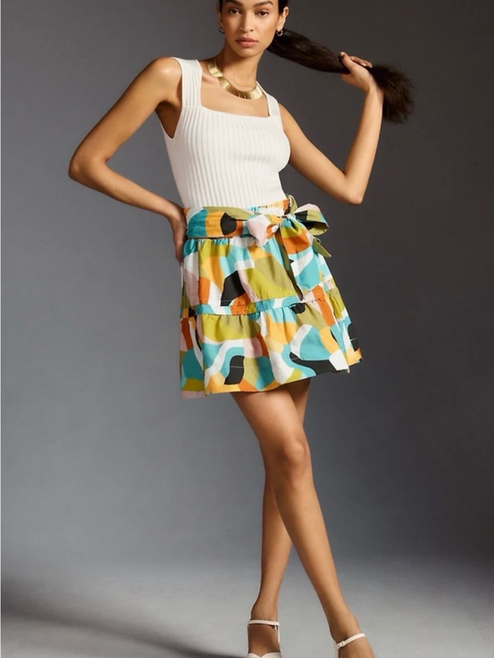 Anthropologie Multi-Color Tiered Mini Skirt with Tie Waist